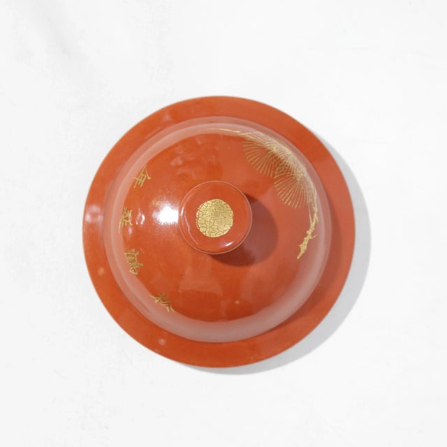 Ceramic Pair of Chinese Late 19th - Early 20th Century Jingdezhen Kiln Coral-Red and Gilt “Pine and Crane for Longevity” Covered Jar For Sale - Image 7 of 14