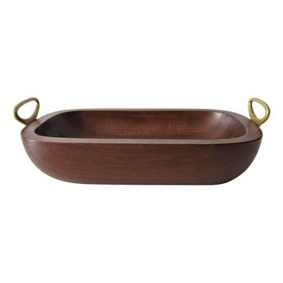 Large Vintage Wooden Fruit Bowl with Brass Handles by Carl Auböck, 1950s For Sale