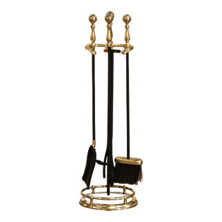Mid-Century French Louis XVI Style Brass and Iron Fireplace Tool Set For Sale