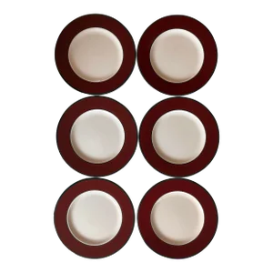 Vintage Italian Pagnossin Treviso Ironstone Salad Plates With Maroon and Green Rim - Set of 6