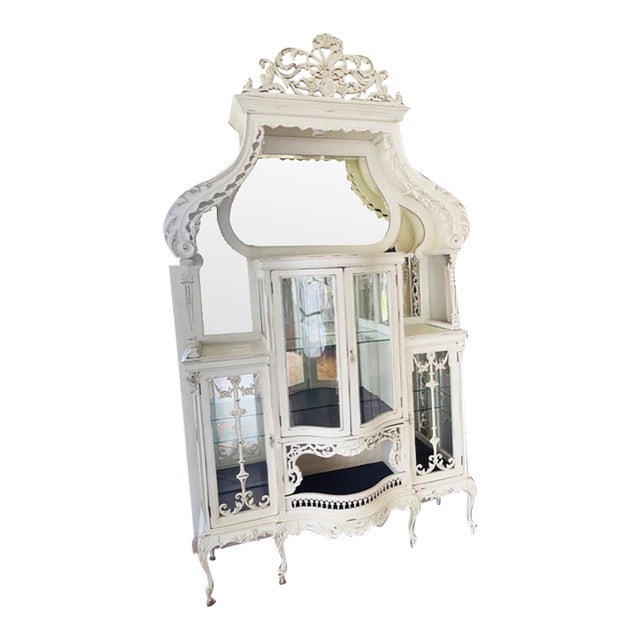 19th Century English Antique Ornate Carved White Display Cabinet With Curved Glass For Sale