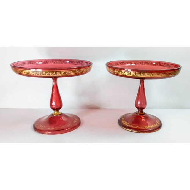 Late 19th Century 19th Century Pair of Bohemian Red Cranberry Glass Centerpiece Compotes or Tazza For Sale - Image 5 of 16