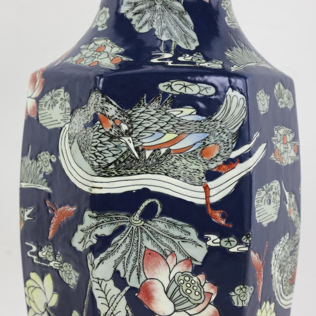 Pair of Chinese Mid-20th Century Famille Rose Cobalt Blue Hexagonal Vases For Sale - Image 11 of 14