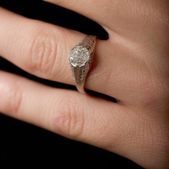1920s Art Deco Gia 1.41 Carat Old Mine Cut Diamond 14k White Gold Engagement Ring,Size 8 For Sale - Image 4 of 6