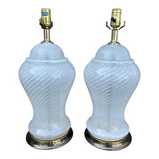 Pair of 1960s White Opaline Art Glass Swirl Pattern Ginger Jar Murano Style Lamps For Sale