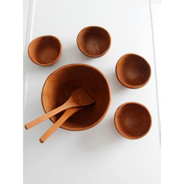 Mid-Century Modern Mid 20th Century Teak Salad Bowl Set With Serving Utensils - 7 pcs For Sale - Image 3 of 18