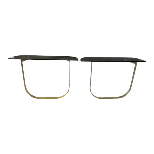 1970's Futuristic Brass and Glass Console Tables- a Pair For Sale