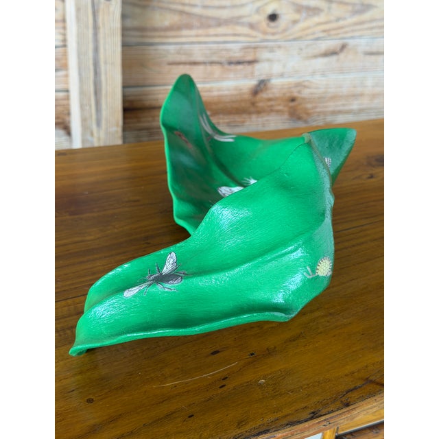 Vintage Sculptural Green Leaf Form Metal Centerpiece Bowl With Découpage Appliqué For Sale In Naples, FL - Image 6 of 12