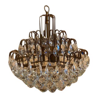 Three Tiered Brass and Crystal Chandelier For Sale
