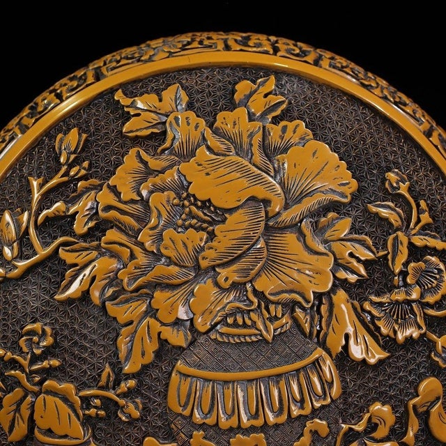 Carved Yellow Lacquer Box With Peony and Auspicious Symbols For Sale - Image 4 of 9