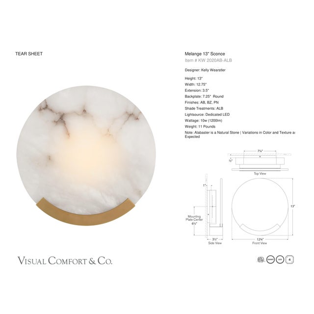 Modern Kelly Wearstler for Visual Comfort Signature Melange 13" Sconce in Antique-Burnished Brass with Alabaster For Sale - Image 3 of 4