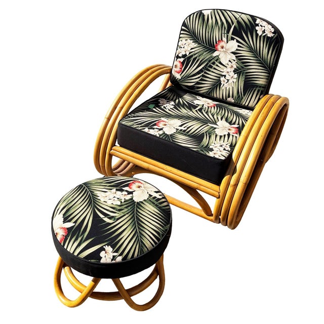 Mid-Century Modern 1950s Restored MCM 3-Strand 3/4 Reverse Pretzel Rattan Lounge Chair& Ottoman Pair For Sale - Image 3 of 8