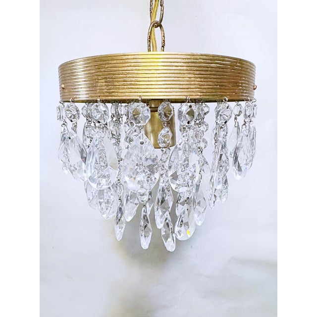 Hollywood Regency Vintage Mid-Century Brass Chandelier With Diamond Cut Crystals For Sale - Image 3 of 9