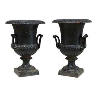 Pair of Petite Antique Cast Iron Garden Urns With Handles C1900 For Sale
