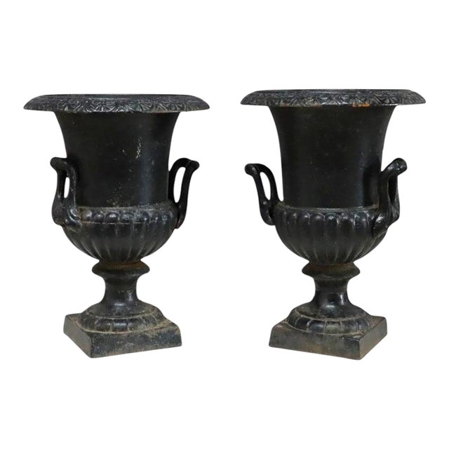 Pair of Petite Antique Cast Iron Garden Urns With Handles C1900 For Sale