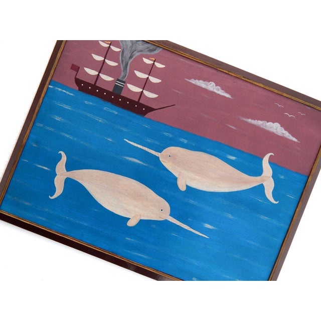 Matt Rix, Naive Style Narwhals and Steamship, Oil on Board For Sale - Image 6 of 12
