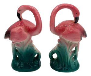 1980 Pink Flamingo Ceramic Tabletop Salt & Pepper Shaker Set by Sarsaparilla