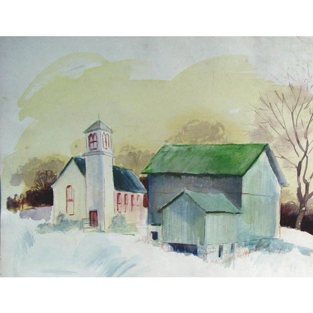 Vintage Schoolhouse and Barn in Winter Watercolor Painting | Chairish