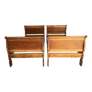 Antique 19th Century Tiger Maple Custom Twin Size Sliegh Beds - a Pair For Sale