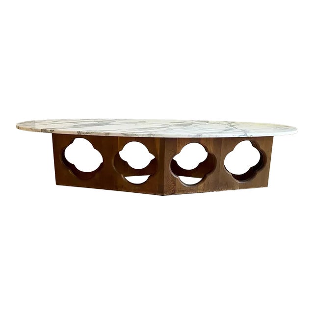 Mid Century Modern Walnut Quatrefoil Base With Oval Marble Top Coffee Table For Sale
