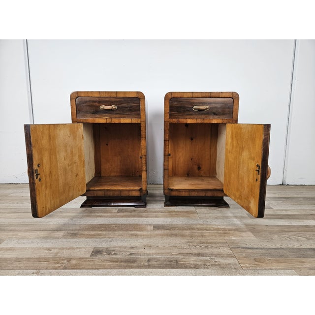 Art Deco Walnut Bedside Tables with Doors and Drawers, 1940s, Set of 2 For Sale - Image 14 of 18