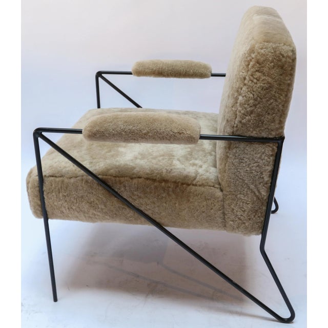 Custom Black Metal Armchair in Tan Sheepskin For Sale - Image 4 of 8