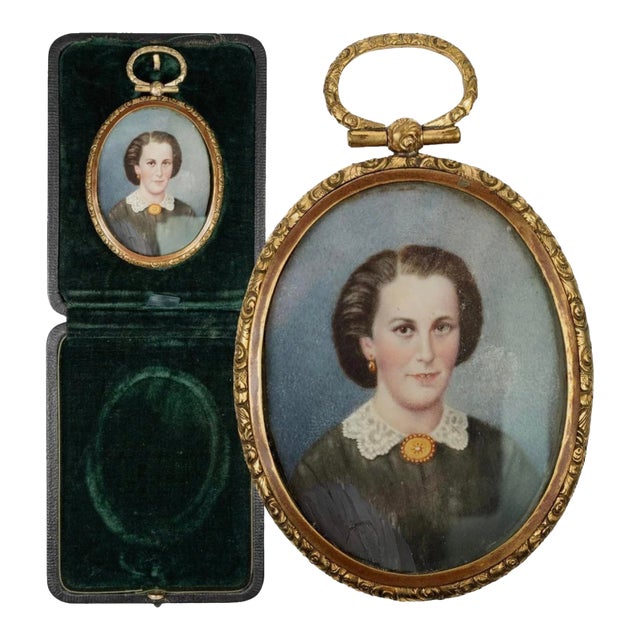 Antique Hand Painted French Portrait Miniature in Locket Style Frame, C. 1850 For Sale
