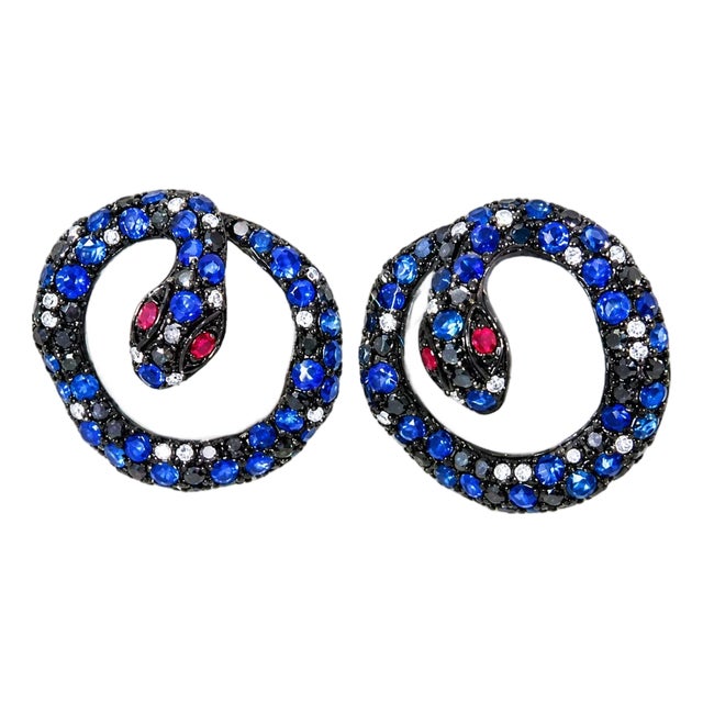 Late 20th Century Pair of 14K Gold Chalcedony Diamond Ruby Sapphire Snake Earrings Estate For Sale