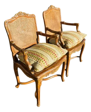 Pr of Early 20th Century French Louis XV Style Carved Walnut Fauteuils W/Cane Seats & Backs, Original Painted Highlights W/Loose Upholstered Cushions