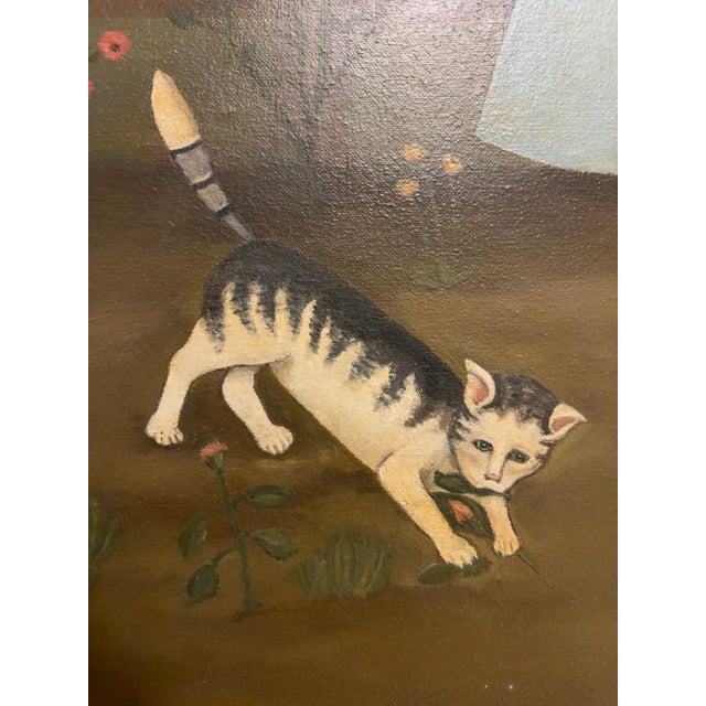 1960s American Folk Art Primitive Portrait of Young Girl With Cat & Schooner by an Unknown American Folk Artist – Oil on Canvas For Sale - Image 4 of 9