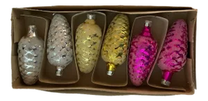 1980s Vintage Glass Frosted Pine Cone Christmas Ornaments - Set of 6
