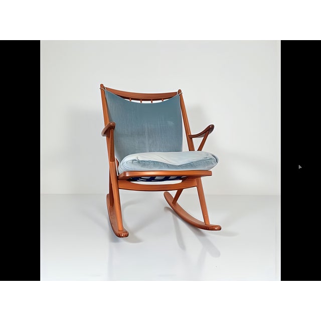 Wood Teak Rocking Chair with Mohair Velvet Cover in Ice Blue by Frank Reenskaug for Bramin, Denmark, 1960s For Sale - Image 7 of 17