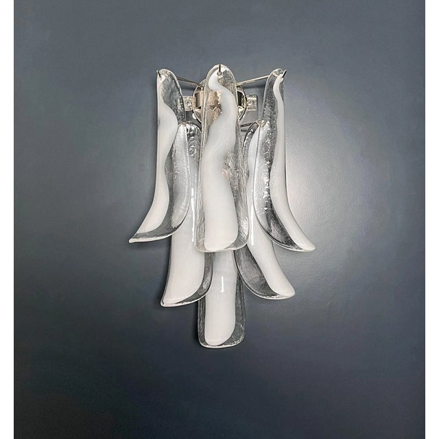 A.V. Mazzega Pair of Italian Murano Wall Lights, Mazzega – 6 White Lattimo Glass Petals For Sale - Image 4 of 10