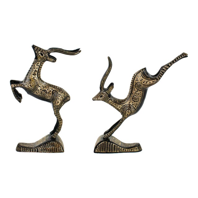 Mid-Century Hand-Engraved Black Enamel & Brass Gazelles – a Pair For Sale