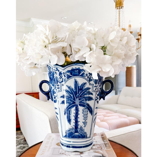 Blue Late 20th Century Tall Blue and White Chinoiserie Palm Tree Scalloped Vase For Sale - Image 8 of 8