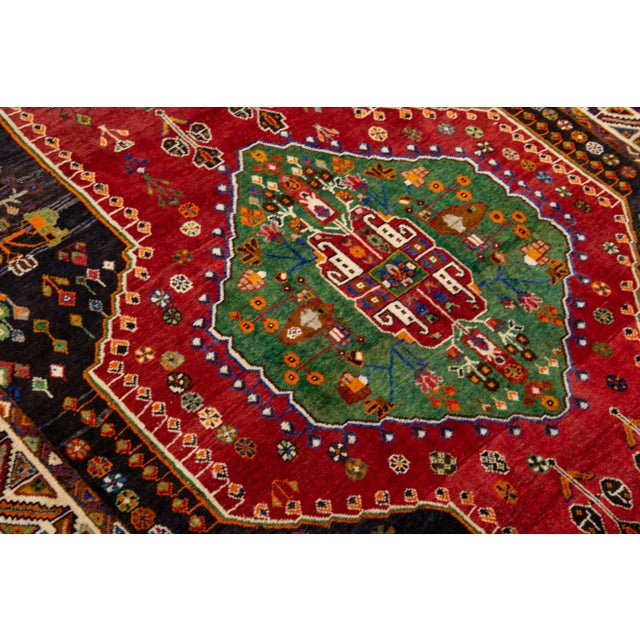 Red and Green Vintage Shiraz Handmade Geometric Designed Wool Rug For Sale In New York - Image 6 of 10
