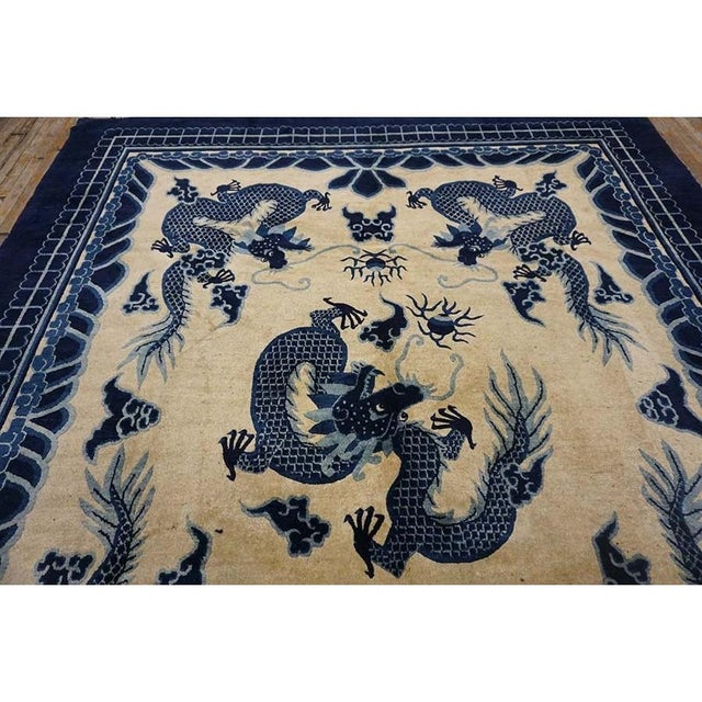 1890s Ivory and Blue Antique Cloud Band Design Chinese Dragon Peking Rug For Sale In New York - Image 6 of 9