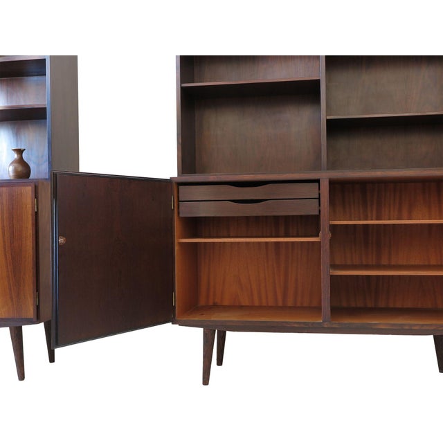 Wood Three Omann Jun Mid 20th Century Danish Cabinets With Bookcase Hutches, Wallunit, Attributed For Sale - Image 7 of 11
