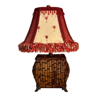 Vintage Maitland-Smith Style Chinoiserie Hollywood Regency Brass Footed Bamboo Table Lamp With Shade For Sale