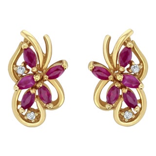 Marquise Ruby Cluster Earrings with Diamond Accent, 2 Pieces For Sale