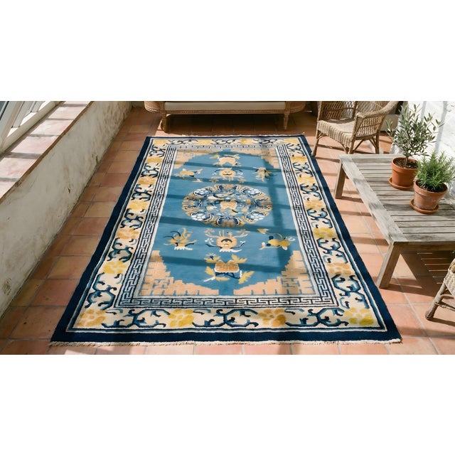 Cornflower Blue Antique Chinese Peking Rug For Sale - Image 8 of 8