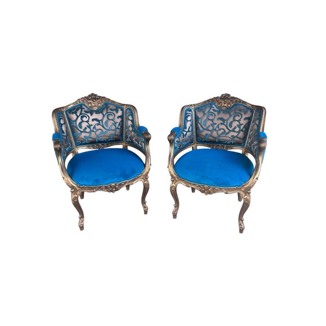 Teal Antique French Louis XV Style Carved & Painted Bergere Gilt Chairs Newly Reupholstered in Patterned Teal Velvet - Pair For Sale - Image 8 of 10