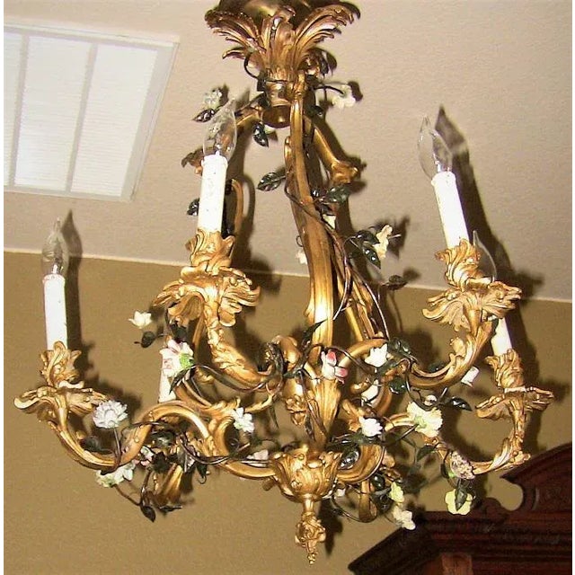 19c French Gilt Bronze Chandelier With Porcelain Flowers For Sale - Image 4 of 13
