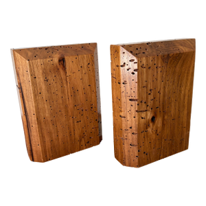 Large Artisan Made Wormhole Hardwood Faceted Bookends a Pair