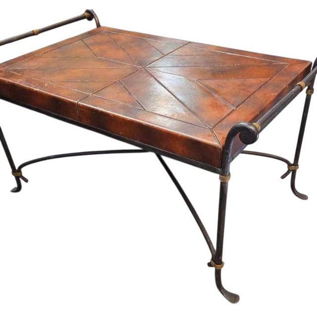 Rare Vintage La Barge Neoclassical Wrought Iron & Leather Coffee Table For Sale In Raleigh - Image 6 of 7