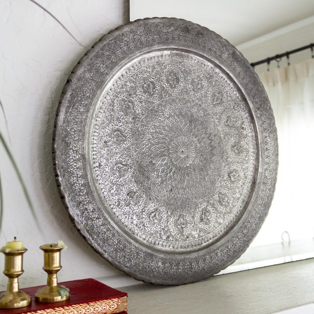 Moroccan Tin on Copper Hand Engraved Round Ghalamzani Persian Tray For Sale - Image 3 of 11