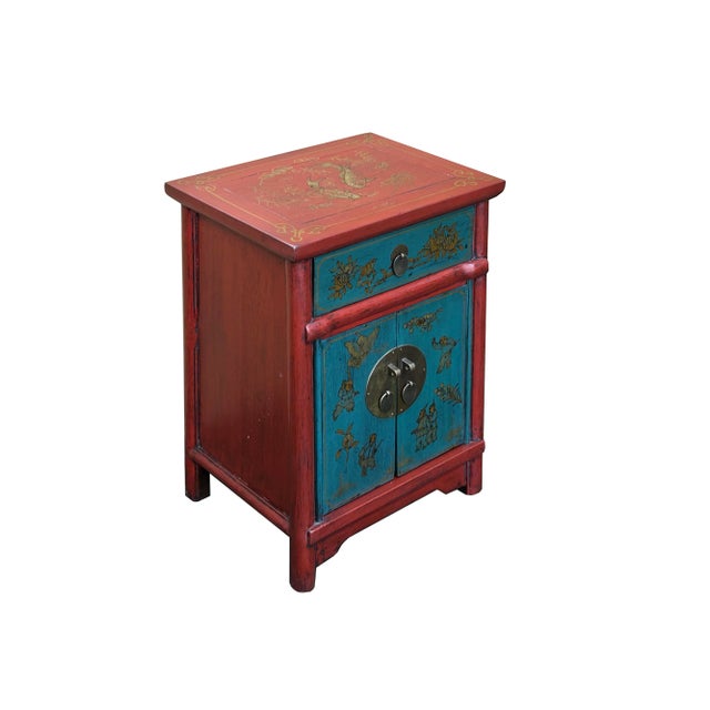 Asian Oriental Red Blue Doors Golden Butterflies Fishes Graphic End Table Nightstand For Sale - Image 3 of 8