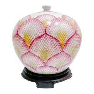 Vintage Pink Lotus Petals Chinoiserie Ginger Jar on Stand For Sale