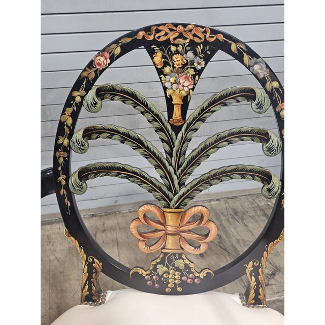 Late 20th Century Pair of Karges Hepplewhite Plum Arm Chairs Ebonized, Carved Hand Painted Leather Fabric For Sale In Cleveland - Image 6 of 14
