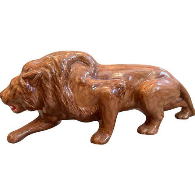 Vintage Glazed Ceramic Lion Sculpture, Reclining Big Cat For Sale - Image 4 of 7